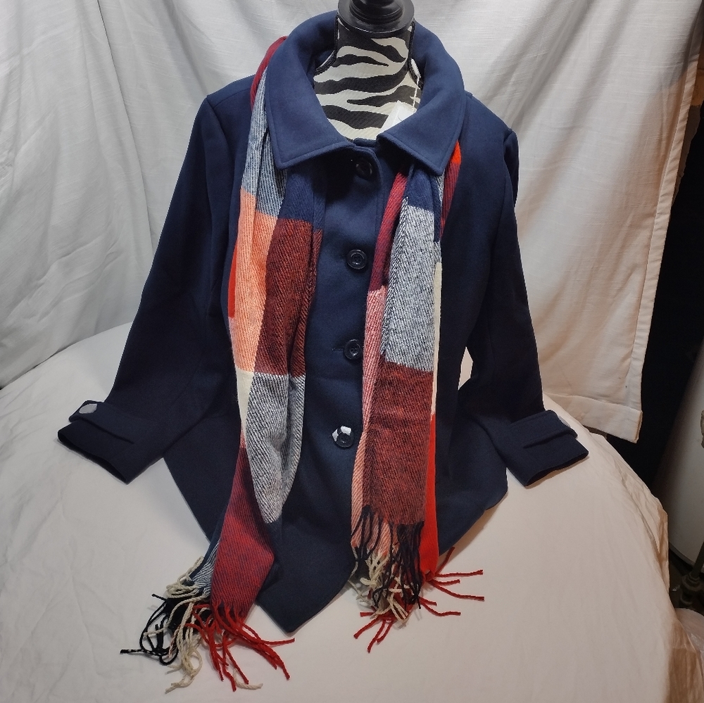 Haute Edition Navy Blue Wool Blend Peacoat With Oversized Scarf - Picture 1 of 12